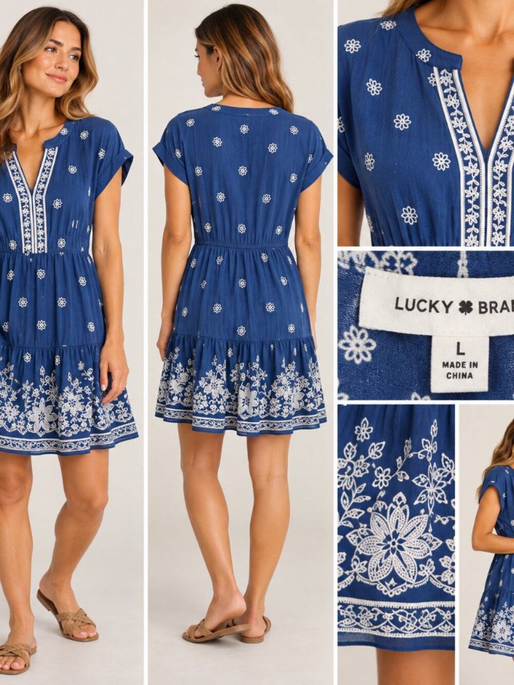 Lucky Brand Blue White Floral Tiered Midi Dress Women’s Large